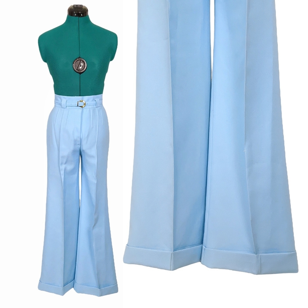 1970s High Waisted Vintage Flares Pants Original Matching Belt Blue Bell Bottoms - Picture 8 of 9